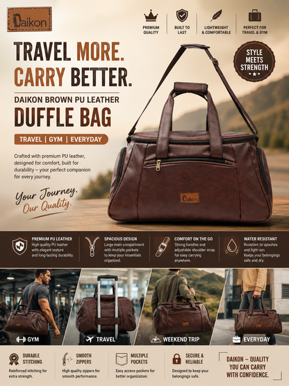 Daikon Brown PU Leather Duffle Bag, Travel Gym Bag